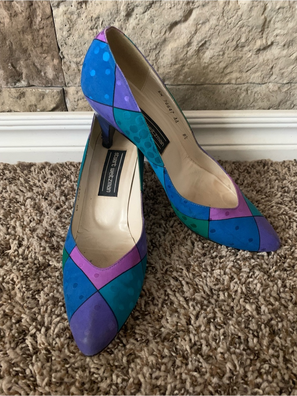 VTG 80s Stuart Weitzman Blue Teal & Purple Geometric Pointed Pumps